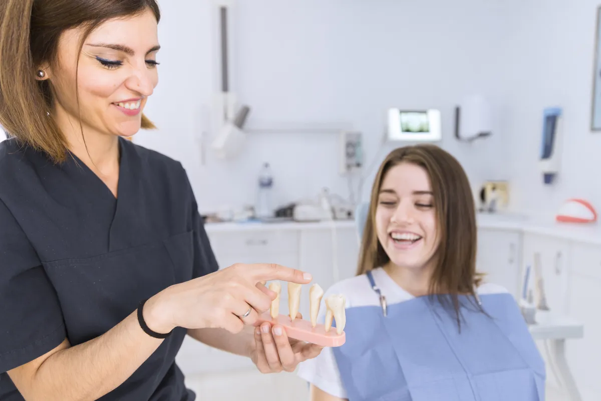 Diş hekimi, koltuktaki hastaya diş modeli üzerinde tedaviyi anlatıyor