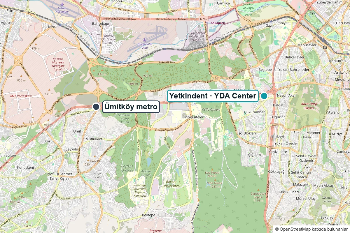 Ümitköy metro istasyonundan M2 hattı boyunca Söğütözü’ndeki YDA Center’a uzanan güzergâhı gösteren harita